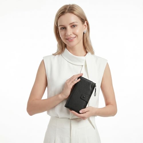YALUXE Women's RFID Real Leather Wallet with 21 Card Slots Phone Pocket - color: 9- Pebbled Black, size: Genuine Leather