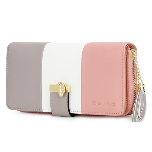 Pomelo Best Womens Wallet Bifold Rfid Blocking Multi Card Holder | Large Capacity, 11 Card Slots, 3 Receipt Pockets, 2 Cash Compartments, Zipper Coin Pocket, Id Window, Soft Leather - color: Pink/White/Grey
