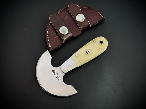 Handmade Round Head Knife | Carbon Steel | Half Moon Leather Working Tool | Bone Handle | Skiver for DIY Leathercraft With Leather Sheath