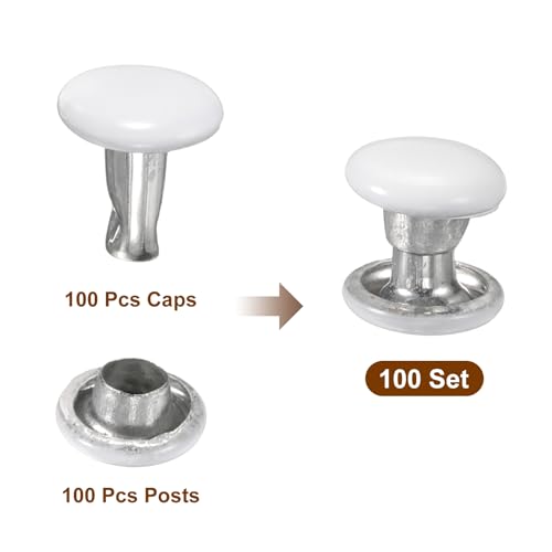 HARFINGTON 100 Sets Double Cap Leather Rivets, 6x6mm Round Cap Tubular Metal Studs Leather Crafting Rivets for Fabric Belt Pet Collar Boot Bag Repair and Decoration, White - color: White, size: 6x6mm