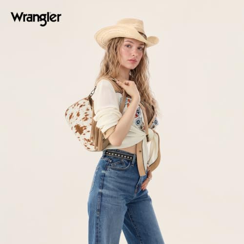 Wrangler Shoulder Bag for Women Western Small Purse Hobo Handbag | Aztec, Underarm Bag, 2 Detachable Straps, Secure Zipper Closure, Back Pocket, Crossbody Bag for dates, travel and everyday - color: Cowhide-khaki