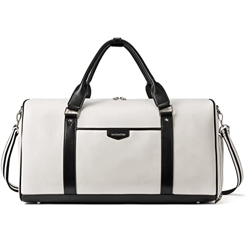 BOSTANTEN Weekender Bags for Women Leather Duffle Large Travel Bag Carry On Duffel with Shoe Compartment | Laptop& Shoe Compartment, Trolley Sleeve, Fits Under-seat, Airline-Friendly Carry-on Size, Weekend Getaways, Travel, Business - color: White & Black