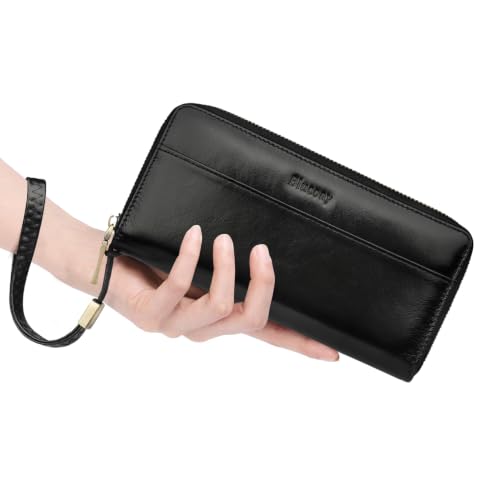 Real Leather Wristlet Wallet Women With RFID Blocking(ypblack) - color: b1-Oiled leather black