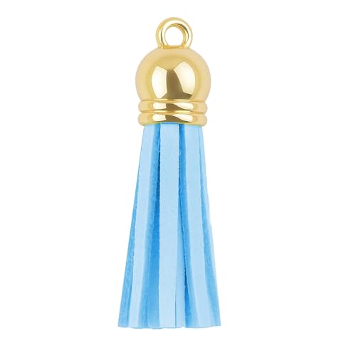 Mandala Crafts Gold Cap Light Blue Faux Suede Leather Tassels, 100 PCs - color: Gold Cap Light Blue Suede