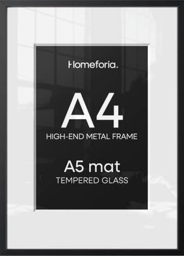 Homeforia A4 Black Picture Frame, High-End Metal, A5 Mat, Glass | High End Aluminum, Tempered Glass, Acid-Free A5 Removable Mat, A4 Edge-to-Edge Display, Wall Kit, Set Of 1 - color: Carbon Black, size: A4