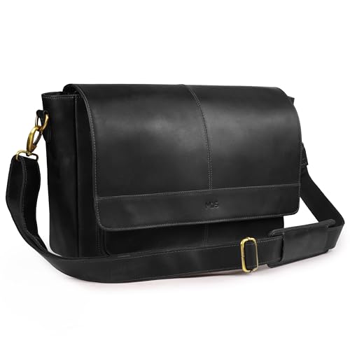 Genuine Leather Messenger Bag - Crossbody Briefcase Satchel Bag for Men & Women - Office, Work, Travel & Daily Use - color: Black (Strap)
