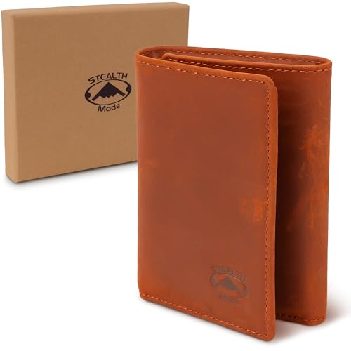Stealth Mode Trifold Leather Wallet for Men with RFID Blocking (Clay) | Top Grain Napa Leather, 9 Card Slots, ID Window, Gift Box – Gift for Dad, Husband, or Son - color: Clay