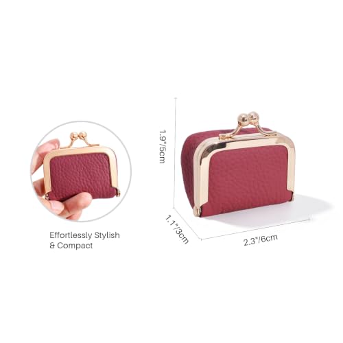 Genuine Leather Mini Jewelry Box Coin Purse for Women,Solid Color Kiss Lock Jewelry Case Organizer,Mini Travel Ring Box - color: Wine Red