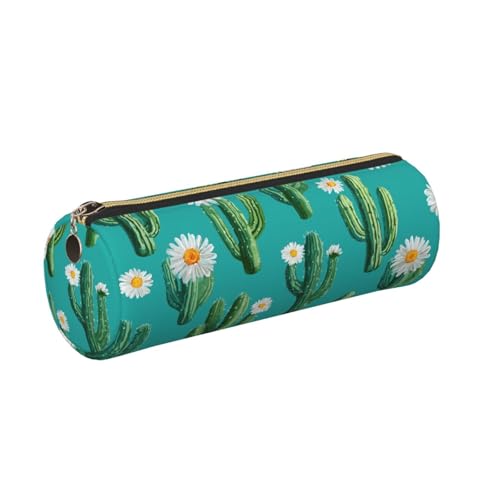 OSAM SPACE Leather Pencil Case Round Pencil Bag Cactus Daisy Pen Organizer Holder Portable Zipper Pouch Cute School Supplies for Girls Boys Study Office - color: Cactus Daisy