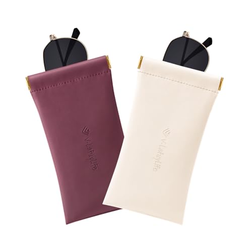 Glasses Case Soft 2 Pack - Portable Leather Squeeze Top Eyeglass Case,Soft Sunglasses Case. - color: Beige/Brown