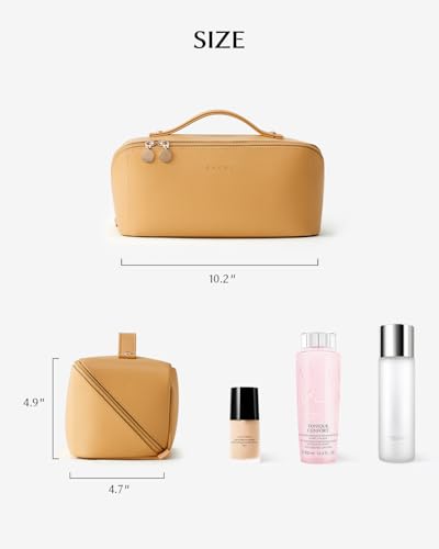 EACHY Travel Makeup Bag for Women, Flat Open Cosmetic Bag, Yellow, Large | PU leather organizer with flat-open access, storage pockets and clear TPU brush compartment for daily makeup and toiletries - color: AQ-Yellow, size: Large