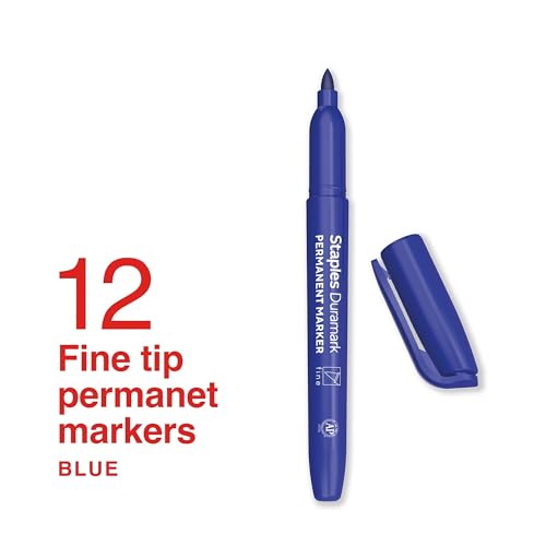 STAPLES Duramark Permanent Markers, Fine Tip, Blue, 12-Pack | Everyday markers for writing, labeling, and office documentation. - color: Blue, size: 12 Pack, style: Fine