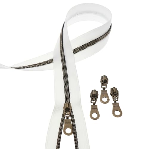 #5 Antique Brass Coil Zipper 5 Yards White Tape 10pcs Antique Brass Slider - color: White-brass