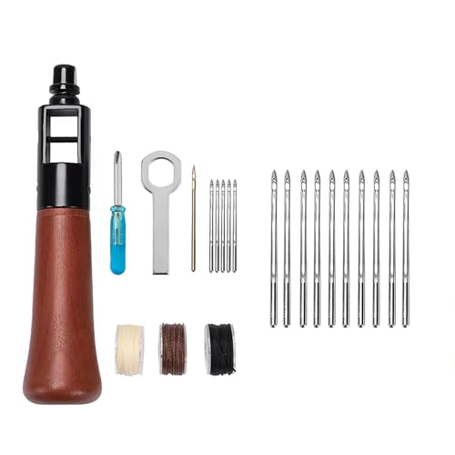 WUTA Repair Stitch Kit Leathercraft Stitch Awl Tool with 10Pcs Small Chrome-Plated Needle, for Leather, Belt, Canvas, Fabric, Bag Repair Professional Stitcher Leather Craft Tool - style: Set F (Stitch Awl Kit+10Pcs Small Silver Chrome-plated needle)