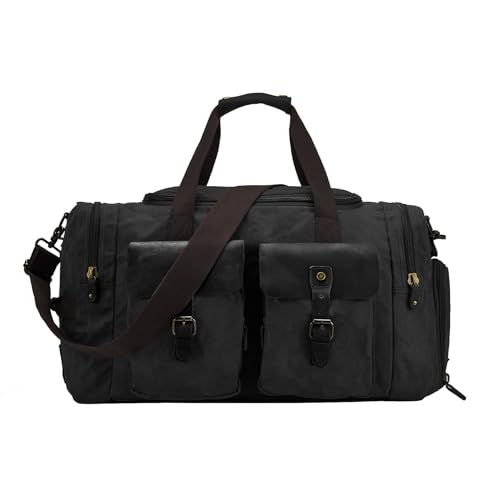 Waxed Canvas Duffel Bag with Shoe Compartment - color: Black