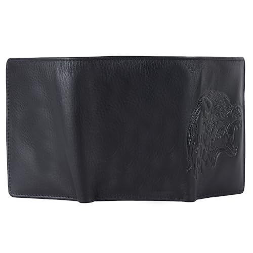 Wild Wolf Black Trifold Wallet for Men – Full-Grain Nappa Leather, RFID Blocking, Unique Embossed Design, Gift for Husband, Dad, or Boyfriend - style: Wild Wolf