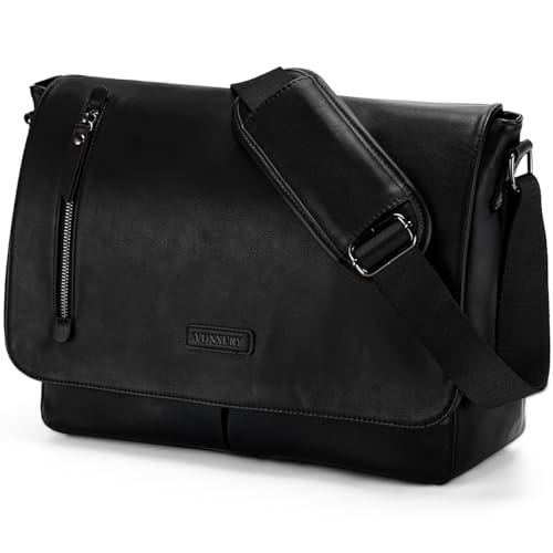 VX VONXURY Messenger Bag for Men, PU Leather Laptop Briefcase Bag for Work | Shoulder Bag for Office, Fits 14" Laptop, Vintage Satchel Bag with Padded Shoulder Strap, Padded Laptop Sleeve, Waterproof - color: 14 Inch Black-all Pu Leather