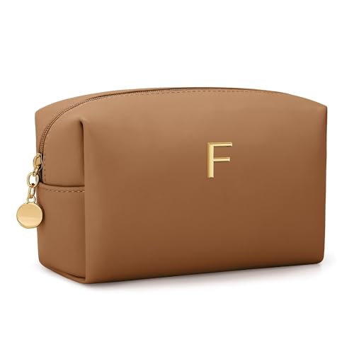 Gifts for Women Bridesmaid Gifts Initial Makeup Bag | Personalized Birthday Gift | PU Leather Cosmetic Pouch Bag | Waterproof Travel Toiletry Bag (Brown F) - color: Brown, style: F