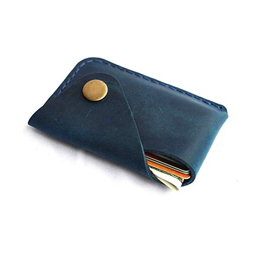 Handmade Leather Card Holder with Snap Closure - Ultra-Thin Minimalist Front Pocket Wallet, Hand-Stitched Genuine Leather Simple Card Case for Men & Women(Blue) - color: Blue