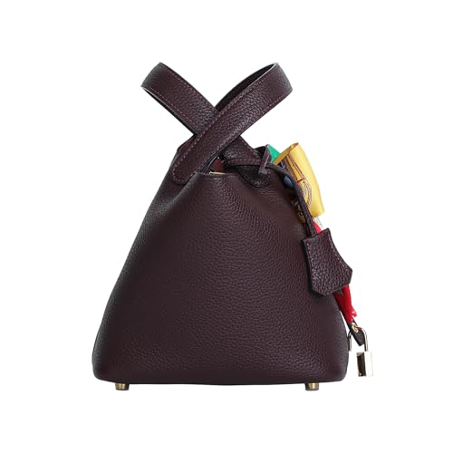 Genuine Leather Bucket Bag with Shoulder Strap, Organizer Insert & Silk Scarf for Women Handbag Tote Bag - color: Saddle Red-gold