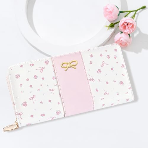 Floral Print Coquette Bow Long Wallet for Women (LONG-PINK) | Clutch Wallet, Phone Holder, Coin Pocket, 12 Card Slots - color: LONG-PINK