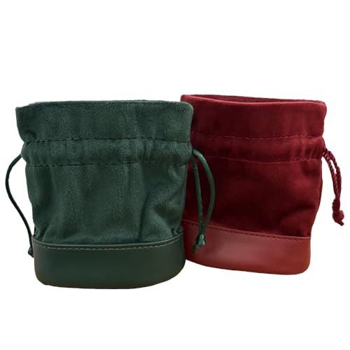 2pcs Velvet Drawstring Pouches PU Leather Bottom Gift Bags for Jewelry,Ring,Earrings,Earphone,Wedding Favors, Party Favors,4" X 4.3" (red+green) - color: red+green