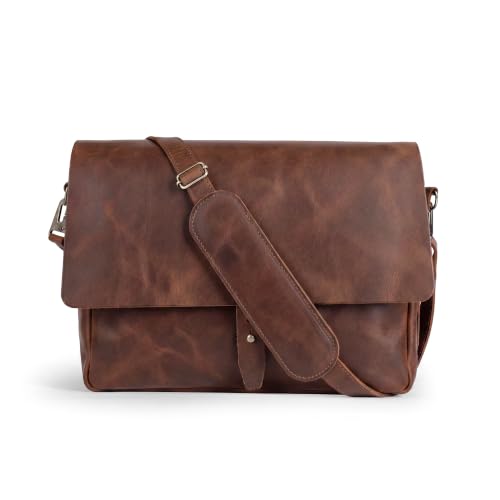 Hide & Drink, Messenger Bag with Shoulder Strap, 13-14 Inch Laptop Storage, Classic Portfolio, Travel Accessory, Full Grain Leather, Handmade, Bourbon Brown