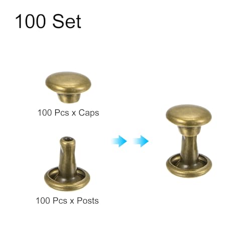 HARFINGTON 100 Sets Double Cap Leather Rivets, 6x6mm Round Cap Tubular Metal Studs Leather Crafting Rivets for Fabric Belt Pet Collar Boot Bag Repair and Decoration, Bronze - color: Bronze, size: 6x6mm