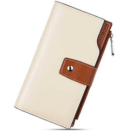 BOSTANTEN Womens Leather Wallet RFID Large Capacity Credit Card Holder | 20 Card Slots, Phone Holder, Zipper Coin Pocket, Clutch Wallet, Long Bifold, Ladies Gifts, Beige-Brown - color: C-Brown＆Beige