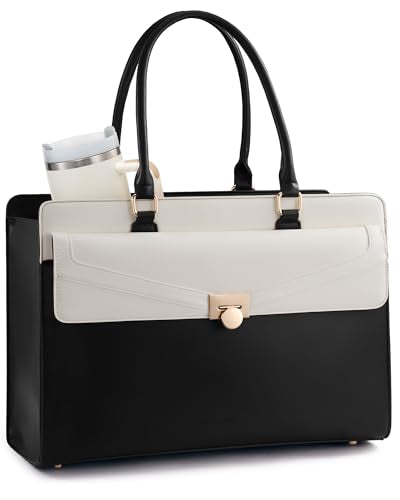 LOVEVOOK Laptop Tote Bag for Women, PU Leather Work Bag, Teacher Tote - color: Black / Off-white, size: 15.6inch