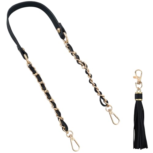 25 Inch PU Leather Handbag Handle with Tassel Pendant Microfiber Leather Purse Chain Strap Flat Bag Chain Replacement for Women Shoulder Crossbody Bag Handbag DIY Crafts(Black Gold) - color: Black