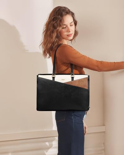 LOVEVOOK Laptop Tote Bag for Women,Leather Work Computer Briefcase Bag - color: Black and White and Brown, size: 15.6 inch