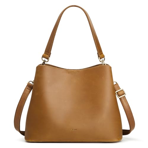 S-ZONE Leather Crossbody Bags for Women Medium Bucket Purses with 2 Straps | Top Grain Leather, Shoulder Handbag, Multi Compartments, Roomy Capacity, Bottom Rivets, for Travel or Daily - color: Light Brown
