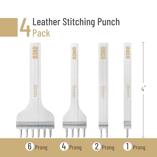 UNCO- Leather Stitching Punch, 4 Pack, 6mm, 1/2/4/6 Prong, Leather Hole Punch Tool, Stitching Chisel - size: 6 mm