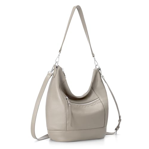 befen Genuine Leather Crossbody Hobo Purse for Women Soft Lightweight Leather Handbags with 2 Removable Straps - color: Beige Grey