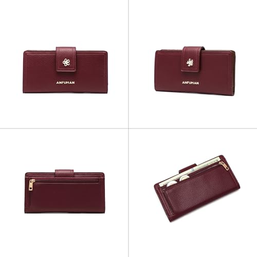 Long Wallets for Women Rfid Blocking Leather Multi Card Holder Wallet Clutch Ladies Wallet Zipper Pocket with ID Window Claret - color: Claret