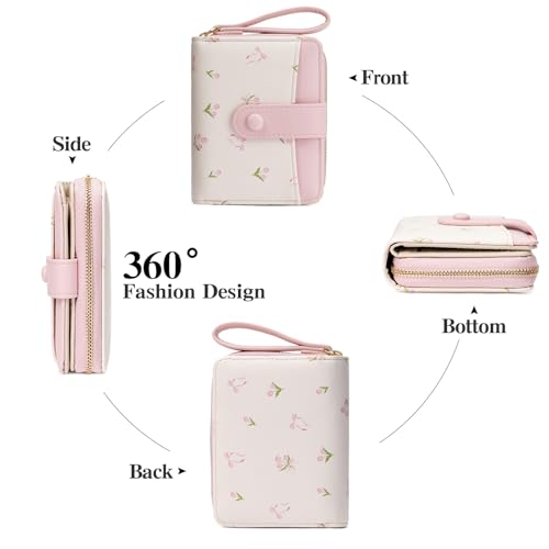GAEKEAO Small Wallet for Women Vegan Leather Bifold Card Holder RFID Blocking Ladies Purse Floral Pattern with Zipper Pocket - color: Y02-Pink