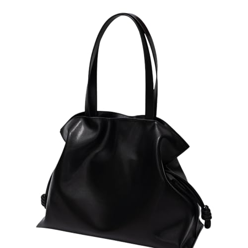 Leather Drawstring Tote Bag, Black Genuine Leather Shoulder Bag with Magnetic Snap Closure, Elegant Travel Work Handbag