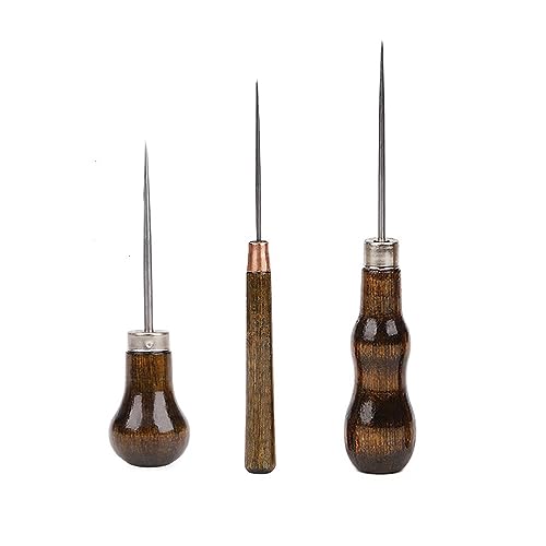 UtySty 3 Pack Scratch Awl Tool with Wooden Handle Gourd Shape Pin Punching for Leather Punch Hole Craft Repair Shoes Sewing Crochet DIY Handmade Stitch