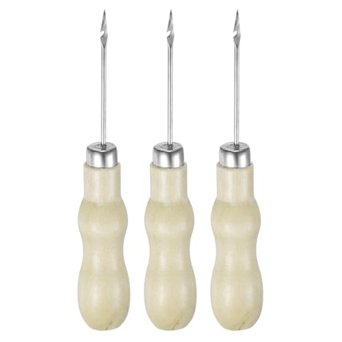 3pcs Handwork Sewing Awl Double Gourd Hook Head Leather Punch Hole Tool with Wooden Handle Scratch for Broken Wire Make Mark Drilling Stitching Repair and DIY Handmade, Log Color