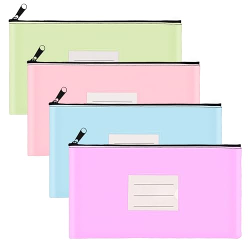 4-Pack Money Bags with Zipper 11 x 6 Inches, Bank Deposit Bag, PU Leather Cash Pouches with Label, for Coins, Cosmetics, Bills, Tools, Pink & Purple & Blue & Green - style: 4pcs: Pink & Purple & Blue & Green