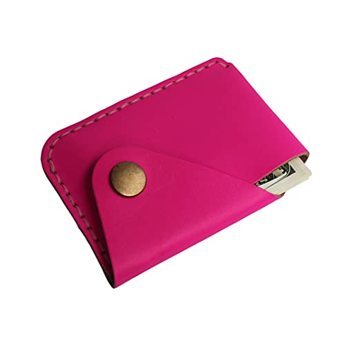 Handmade Genuine Leather Simple Card Holder with Snap Button - Ultra - Thin and Stylishcard case (Rose red) - color: Rose red