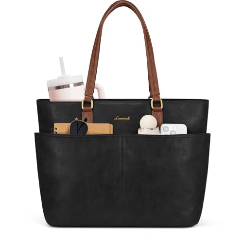 LOVEVOOK Work Tote Bag for Women, Retro Leather 17.3 Inch Laptop Bag with Large Cup Holder, Computer Briefcase Handbag for Teacher, Nurse, and Medical Professionals - color: Brown-black, size: 17.3 Inch