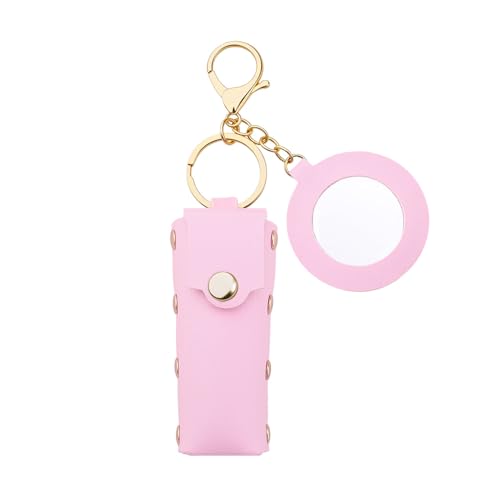 Sisadodo Lip Oil Lipstick Case with Mirror Lip Oil Lipstick Holder Key Chain for Car Keys Keychains Lipstick Organizer Case - color: Pink-round