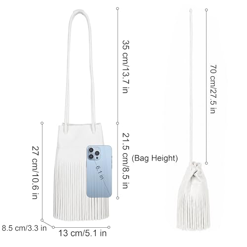 Women Mini Tassel PU Leather Crossbody Shoulder Bag Drawstring Bucket Bag | Small Fringe Cross body Bag Cell Phone Coin Purse Wallet - color: White