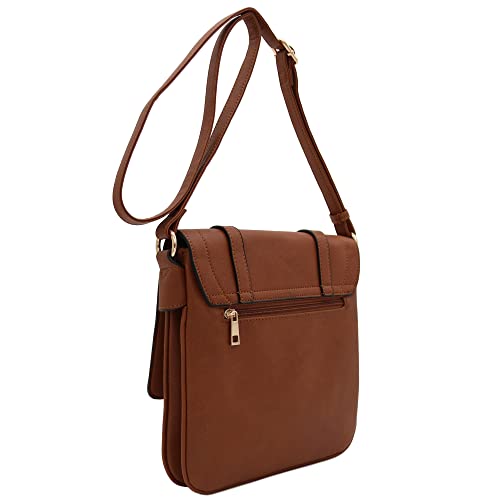 ALYSSA Double Compartment Large Flapover Crossbody Bag - color: Brown