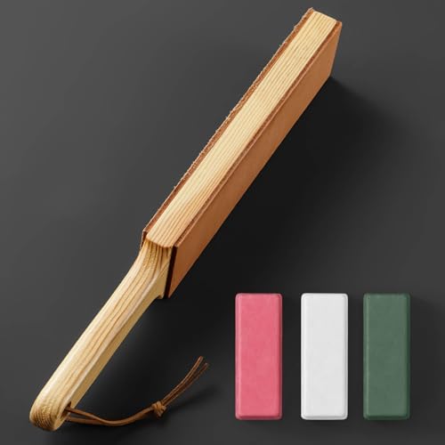 Double Side Leather Strop for Knife Sharpening - 14"x 2" Stropping Block Kit with Polishing Compound, Knife Strop with Ergonomic Handle for Honing Knives, Woodworking Chisels