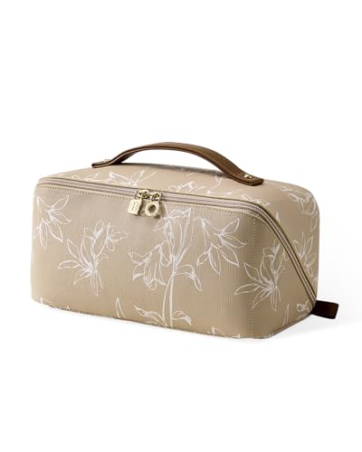EACHY Travel Makeup Bag, Floral Cosmetic Bag for Women, Brown, Medium - color: AC-Brown, size: Medium