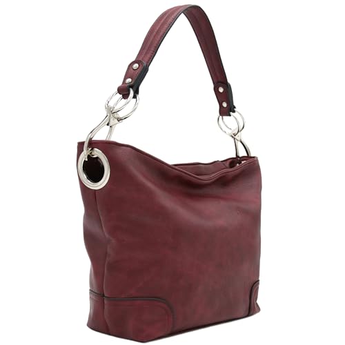 Hobo Shoulder Bag with Big Snap Hook Hardware - color: Burgundy