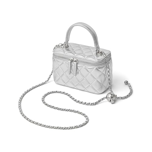 DORIS&JACKY Small Quilted Box Crossbody Purse For Women, Designer Lambskin Leather Mini Top Handle Tote Bag With Chain Strap - color: 7-silver